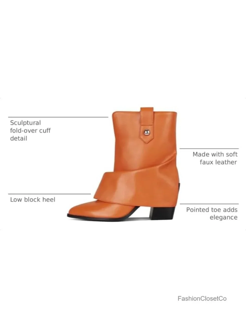 Pointed Toe Chunky Heel Ankle Booties with Fold-Over Design